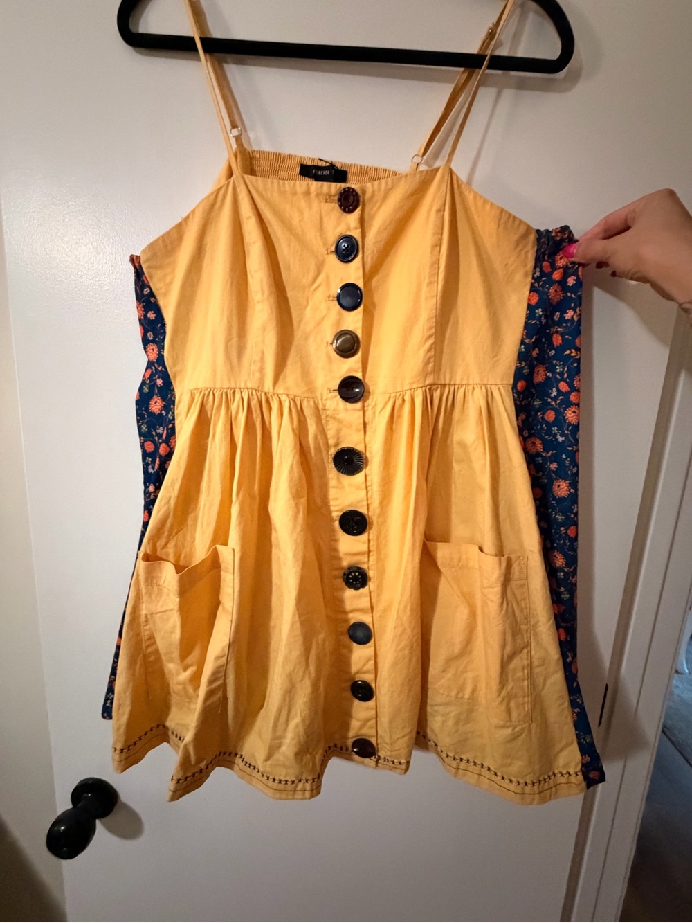 Forever 21 Yellow Button-Front Sundress with Navy Floral Panels
